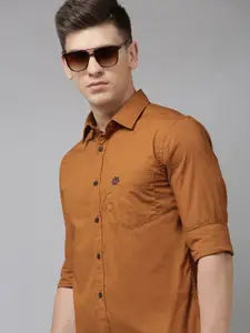 U.S. Polo Assn. Men Camel Brown Solid Pure Cotton Tailored Fit Casual Shirt