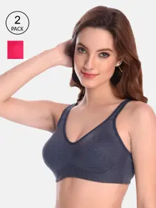 LOTUSLEAF Women Set Of 2 Navy Blue & Coral-Coloured Classic Soft Cup High Support Bra