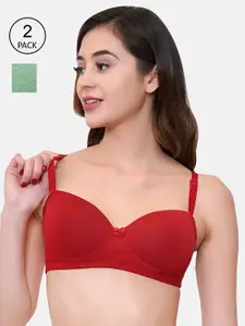 LOTUSLEAF Pack of 2 Green & Red Cotton Seamless Lightly Padded T-shirt Bra