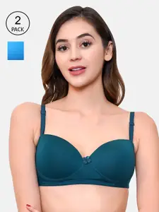 LOTUSLEAF Pack of 2 Women Blue & Green Bra Lightly Padded Cotton Demi Non-Wired Bra