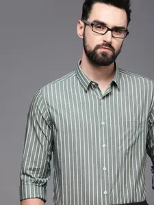 Louis Philippe Sage Green & White Striped Slim Fit Stretchable Formal Shirt