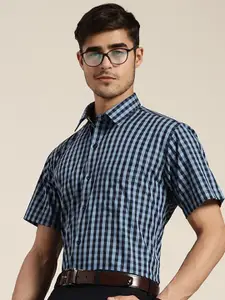Hancock Men Navy Blue Slim Fit Gingham Checks Checked Pure Cotton Formal Shirt