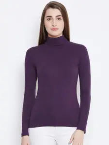 Hypernation Women Purple High Neck Slim Fit T-shirt