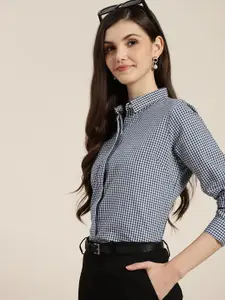Hancock Women Navy Blue Regular Fit Gingham Checks Pure Cotton Formal Shirt