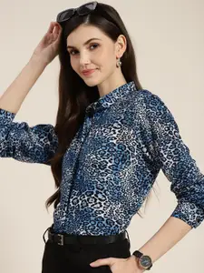 Hancock Women Blue & Black Regular Fit Leopard Printed Formal Shirt