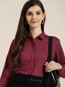 Hancock Women Maroon Self Design Regular Fit Pure Cotton Formal Shirt