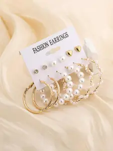 Vembley Pack of 6 Pairs Fashion Gold Plated Crystal Pearl Studs & Big Hoop Earrings Set