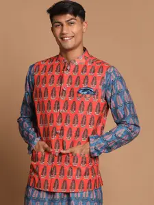 VASTRAMAY Men Orange Colored Printed Slim-Fit Nehru Jackets