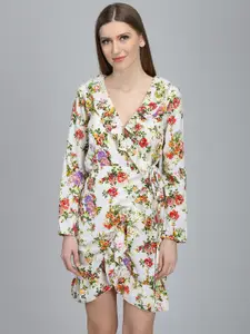DODO & MOA Off White & Red Floral Crepe Wrap Ruffled Dress