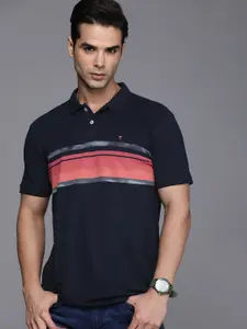Louis Philippe Sport Men Navy Blue & Pink Striped Polo Collar T-shirt
