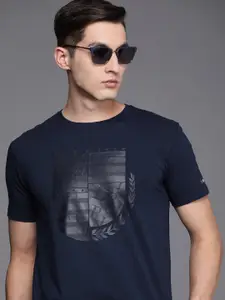 Louis Philippe Sport Men Navy Blue & Grey Brand Logo Print Slim Fit Knitted T-shirt