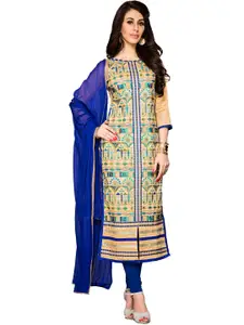 Blissta Beige & Blue Embroidered Unstitched Dress Material