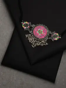 Fida Pink & Green Silver-Plated Oxidised Necklace