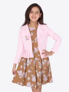CUTECUMBER Girls Brown & Pink Floral Jacquard Dress with Shrug