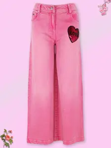 CUTECUMBER Girls Pink Low Distress Heavy Fade Embellished Stretchable Jeans