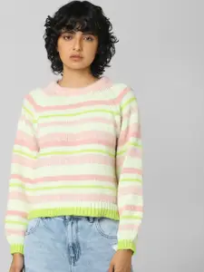 ONLY Women Green & Pink Striped Pullover