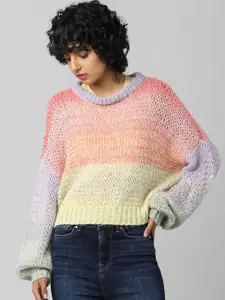 ONLY Women Red & Purple Colourblocked Pullover Sweater