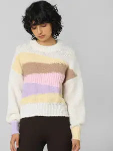 ONLY Women Beige & Off White Colourblocked Sweater