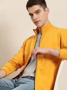 INVICTUS Men Mustard Yellow Solid Pure Cotton Front-Open Sweatshirt