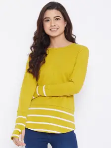 Hypernation Women Yellow Striped Extended Sleeves T-shirt
