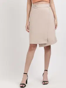 CENTRESTAGE Women Beige Solid Slim-Fit Wrap-Around Knee-Length Skirt