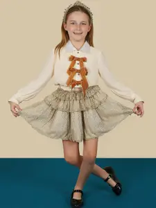 One Friday Girls Golden Layered Self-Design Tiered Mini Skirt