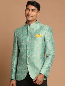 VASTRAMAY Men Mint Green Silk Blend Jodhpuri Slim Fit Bandhgala Blazer