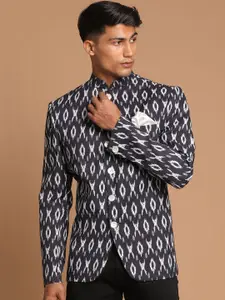 VASTRAMAY Men Black & White Ikat Printed Nehru Jacket
