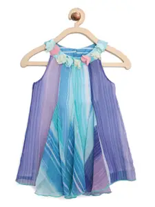 Nauti Nati Girls Blue & Purple Striped Georgette A-Line Dress