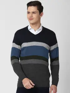 Peter England Casuals Men Blue & Grey Striped Pullover