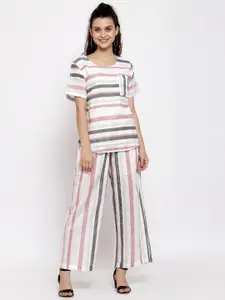 KLOTTHE Women White & Grey Striped Linen Top & Trousers