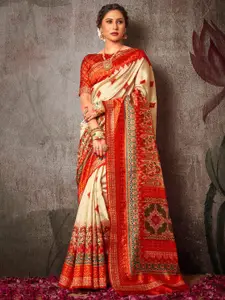 Mitera Off White & Red Ethnic Motifs Silk Blend Sambalpuri Saree