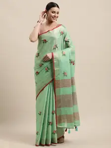 SANGAM PRINTS Green & Maroon Ethnic Embroidered Linen Blend Saree