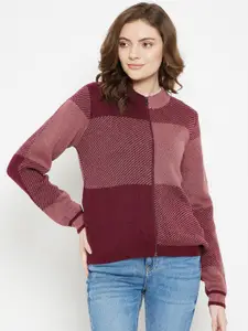Madame Women Maroon Checked Front-Open Sweater