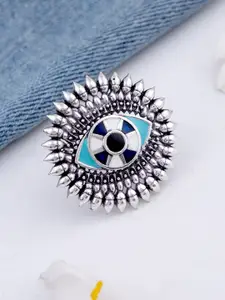 Voylla Silver-Plated & Blue Evil Eyes Enamelled Statement Adjustable Finger Ring