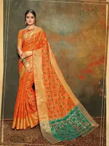 Shaily Orange & Gold-Toned Woven Design Zari Silk Blend Patola Saree