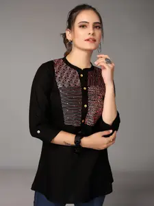 Nimayaa Women Black Embroidered Mandarin Collar Roll-Up Sleeves Top