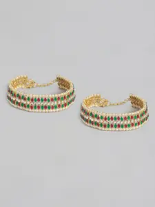 I Jewels Set Of 2 Gold-Plated Green & Red Kundan & Pearl Studded Anklets