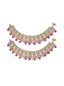 I Jewels Set Of 2 Gold-Plated & White Kundan-Studded & Pearl Handcrafted Anklets