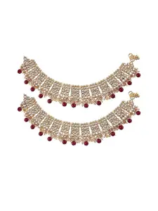 I Jewels Set Of 2 Gold-Plated & White Kundan-Studded & Pearl Handcrafted Anklets