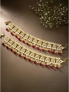 I Jewels Set Of 2 Gold-Plated & White Kundan-Studded & Pearl Handcrafted Anklets