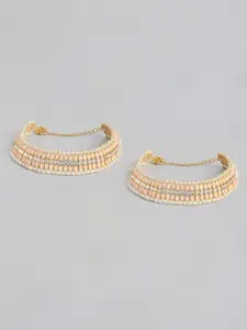 I Jewels Set Of 2 Gold-Plated & Peach-Coloured Kundan & Pearl Studded Anklets