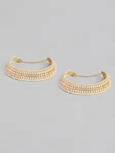 I Jewels Set Of 2 Gold-Plated & Peach-Coloured Kundan & Pearl Studded Anklets