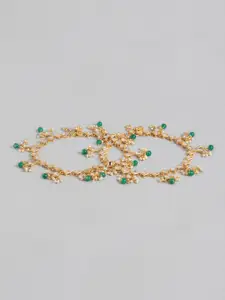I Jewels Set Of 2 Gold-Plated Green & White Kundan & Pearl Studded Anklets