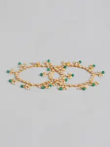 I Jewels Set Of 2 Gold-Plated Green & White Kundan & Pearl Studded Anklets
