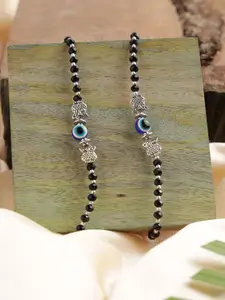 Jazz and Sizzle Silver-Plated Black Beaded & White Crystals Studded Owl Shaped Evil Eye  Anklet