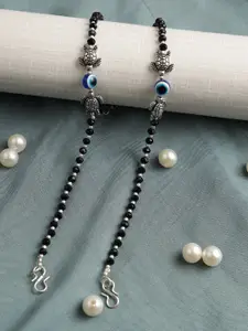 Jazz and Sizzle Set Of 2 Oxidised Silver-Plated Black Beaded Tortoise & Evil Eye Anklet