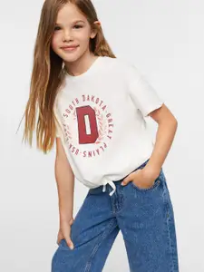 Mango Kids Girls White & Maroon Pure Cotton Graphic Printed Drop-Shoulder Sleeves T-shirt