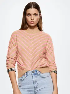 MANGO Women Brown & Pink Striped Pullover