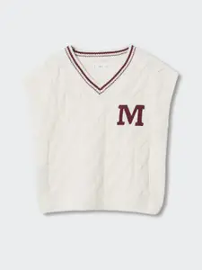 Mango Kids Girls White Cable Knit Sustainable Sweater Vest with Embroidered Detail
